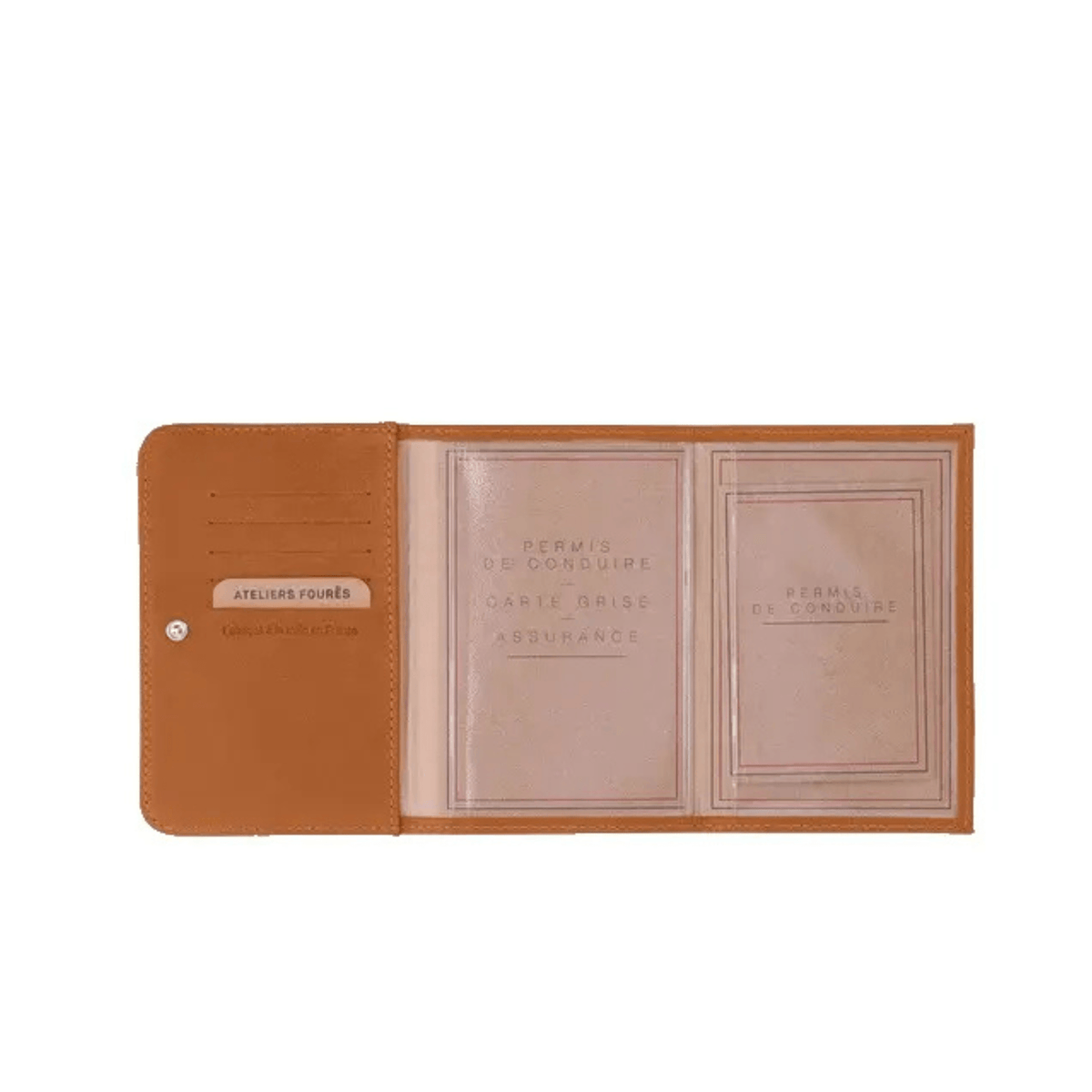 Détail des rangements du porte-papiers Hespérie cognac pour permis, carte grise et assurance