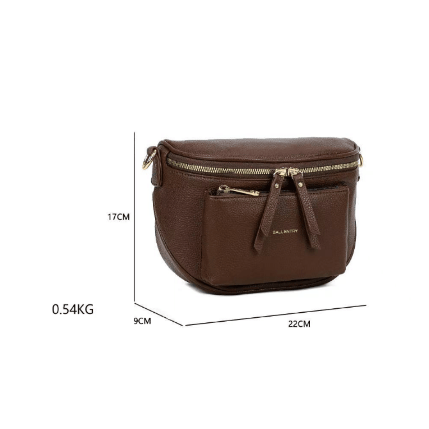 Dimensions du sac bandoulière Gallantry café 22 × 17 × 9 cm avec bandoulière réglable.