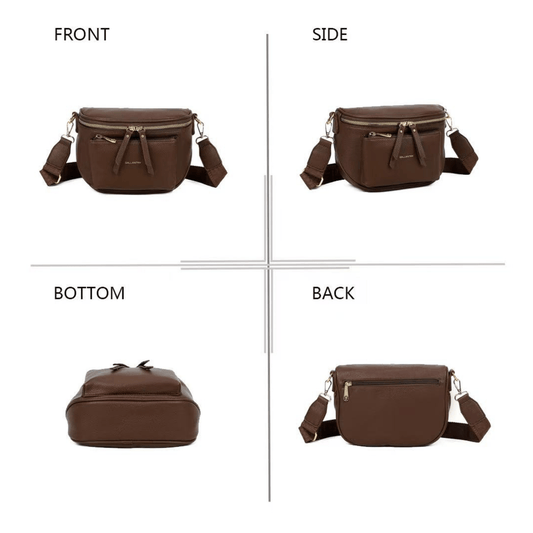 Différentes vues du sac bandoulière Gallantry café montrant la face, le dos et le dessous.