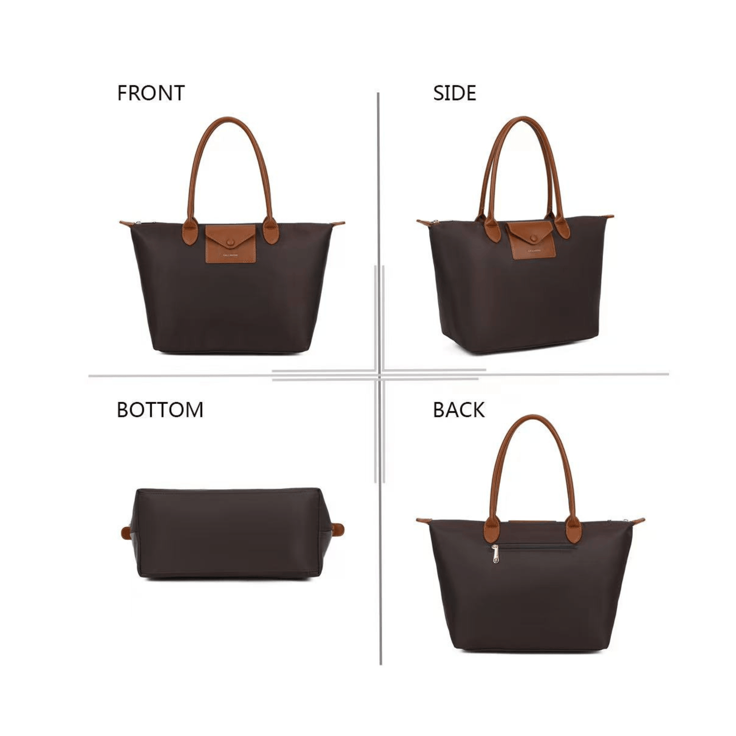 Vues avant arrière côté et dessous du sac cabas Gallantry coffee