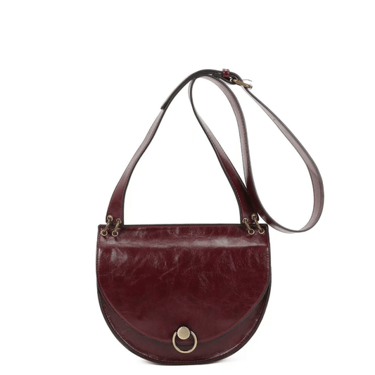 Sac bandoulière Inès Delaure bordeaux demi-lune à rabat, vue de face