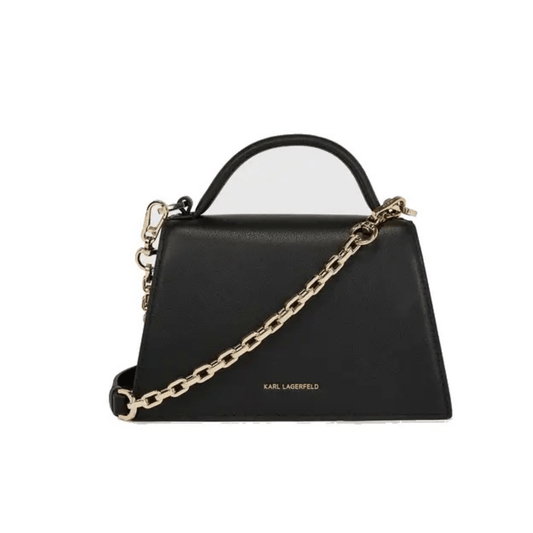 Vue arrière du sac Karl Lagerfeld K/Signature noir avec bandoulière chaîne dorée, poignée supérieure et logo Karl Lagerfeld