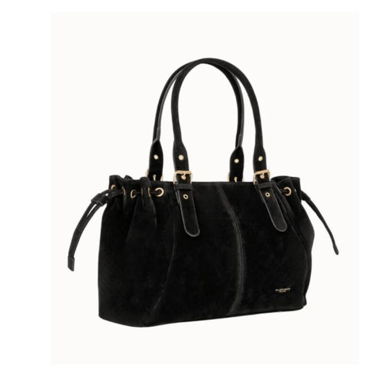 Sac cabas Garance noir en suédine vu de trois-quarts avec détails des liens coulissants