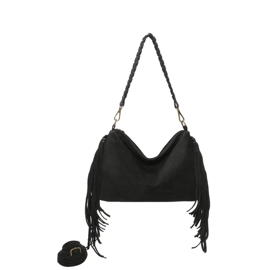 Sac à franges noir Ines Delaure femme avec anse tressée et bandoulière