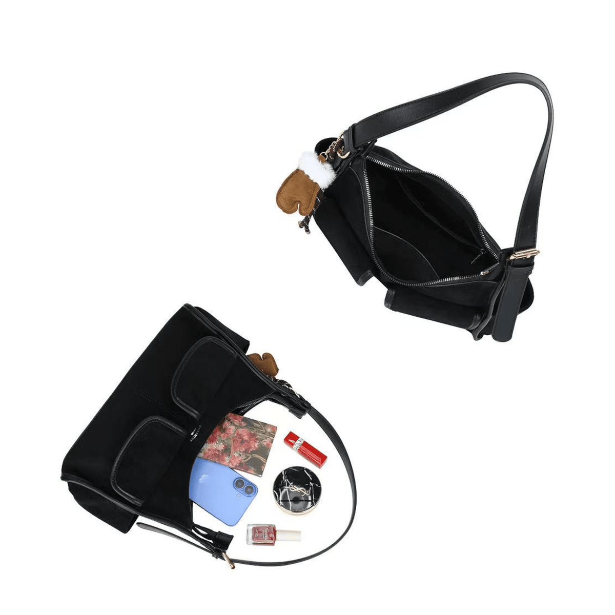 Intérieur du sac porté épaule Gallantry noir avec fermeture zippée et poches de rangement