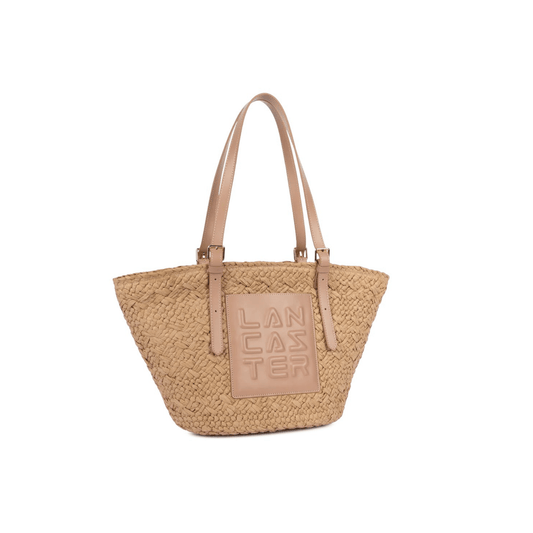 Sac panier Lancaster naturel en osier tressé avec détails cuir beige