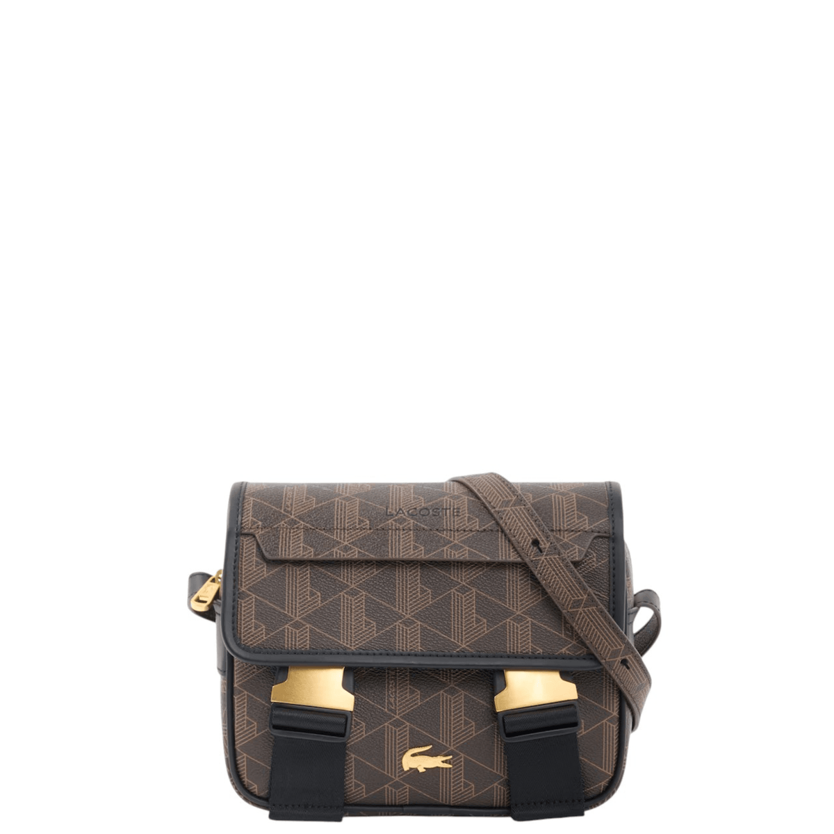 Sac messenger Lacoste The Blend marron à monogramme grainé vu de face avec rabat et crocodile métallique doré.