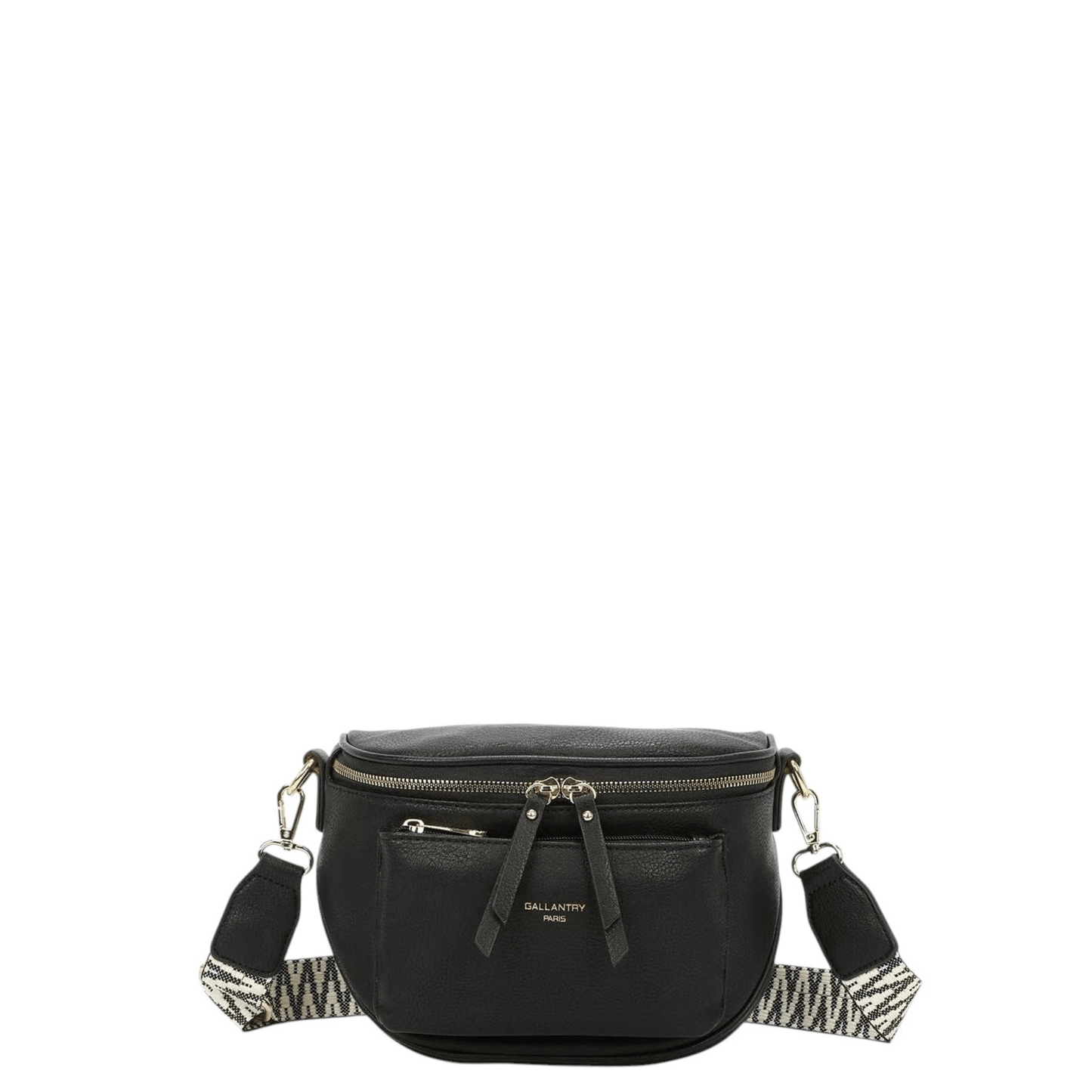 Sac bandoulière Gallantry noir avec large bandoulière en tissu et poche avant zippée.