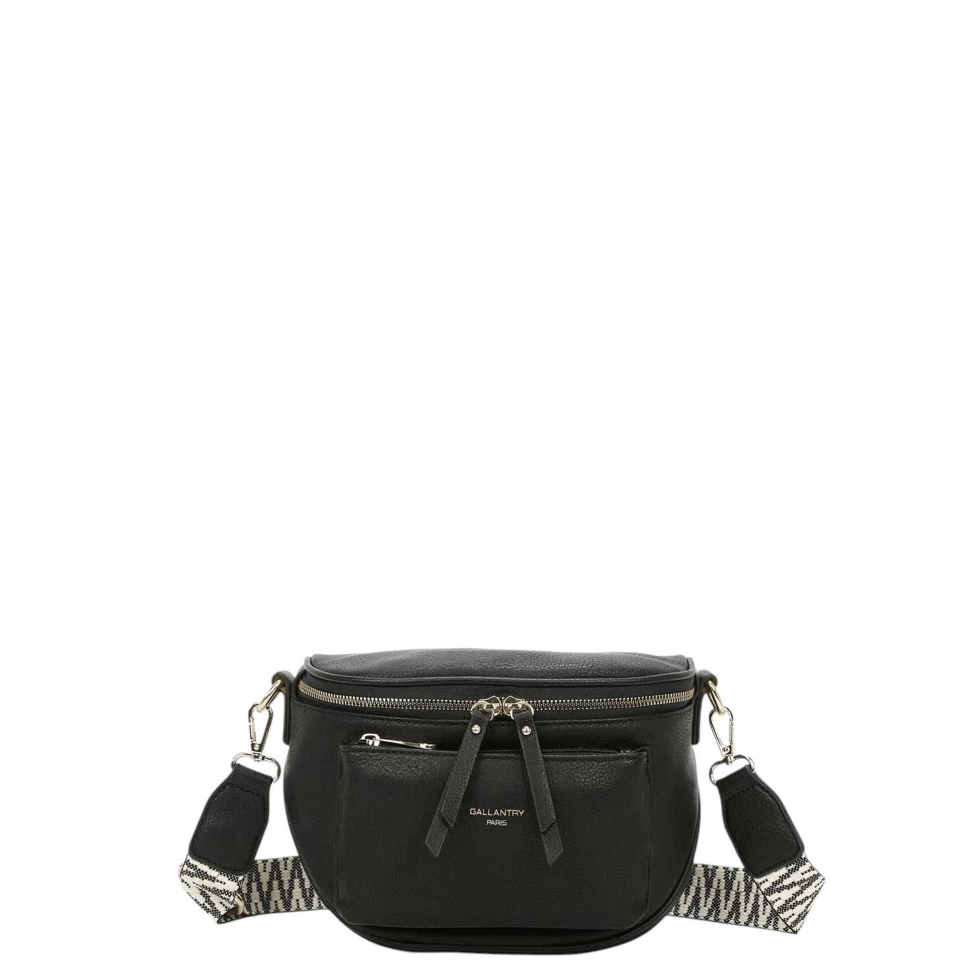 Sac bandoulière Gallantry noir avec large bandoulière en tissu et poche avant zippée.