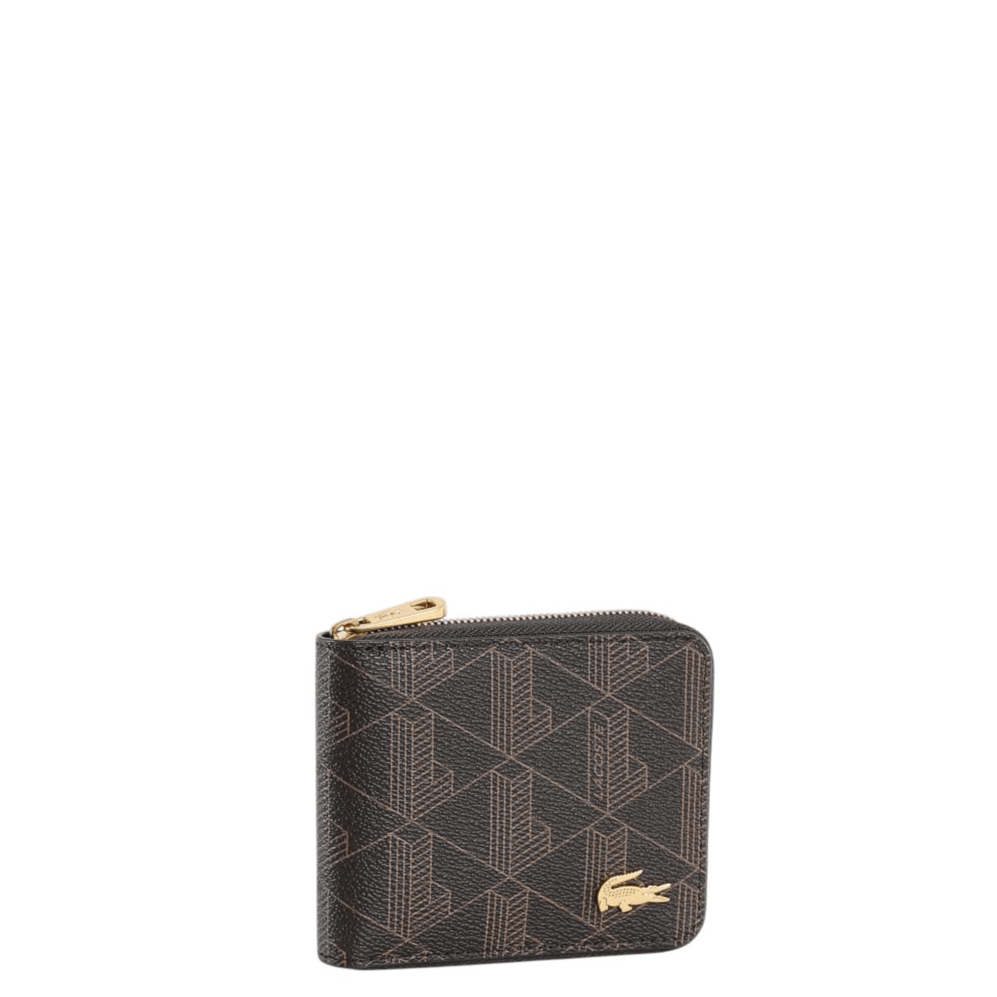 Portefeuille Lacoste The Blend marron doré avec monogramme grainé et crocodile métallique doré.