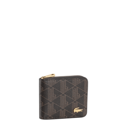 Portefeuille Lacoste The Blend marron doré avec monogramme grainé et crocodile métallique doré.