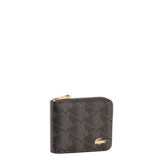 Portefeuille Lacoste The Blend marron doré avec monogramme grainé et crocodile métallique doré.