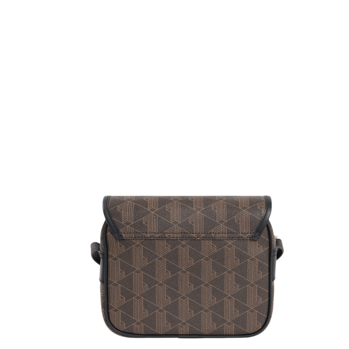 Vue arrière du sac messenger Lacoste The Blend marron à monogramme signature.