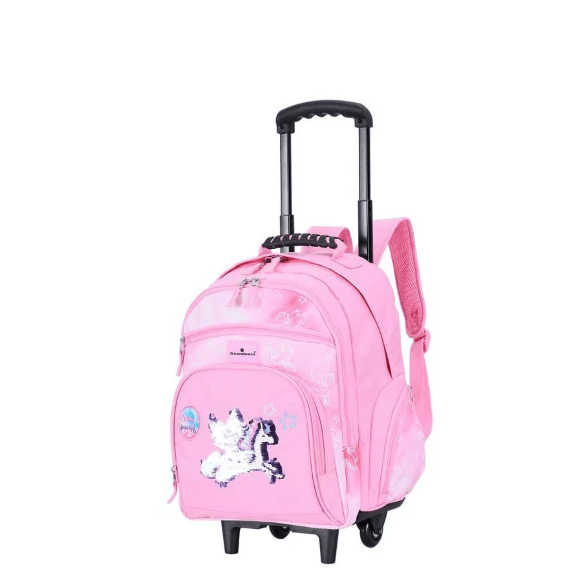 Sac à dos trolley Snowball rose avec licorne à sequins réversibles pour école primaire.
