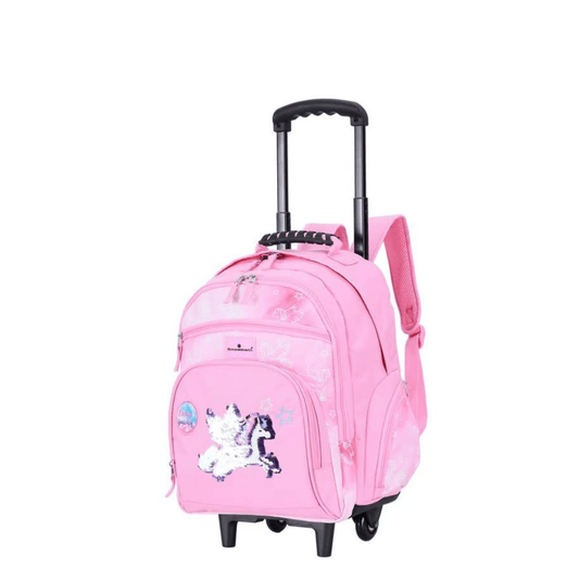 Sac à dos trolley Snowball rose avec licorne à sequins réversibles pour école primaire.
