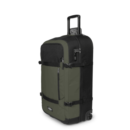 Vue de profil de la valise Eastpak Transit'R Pro M Khaki Pro avec poignée télescopique et cadenas TSA.