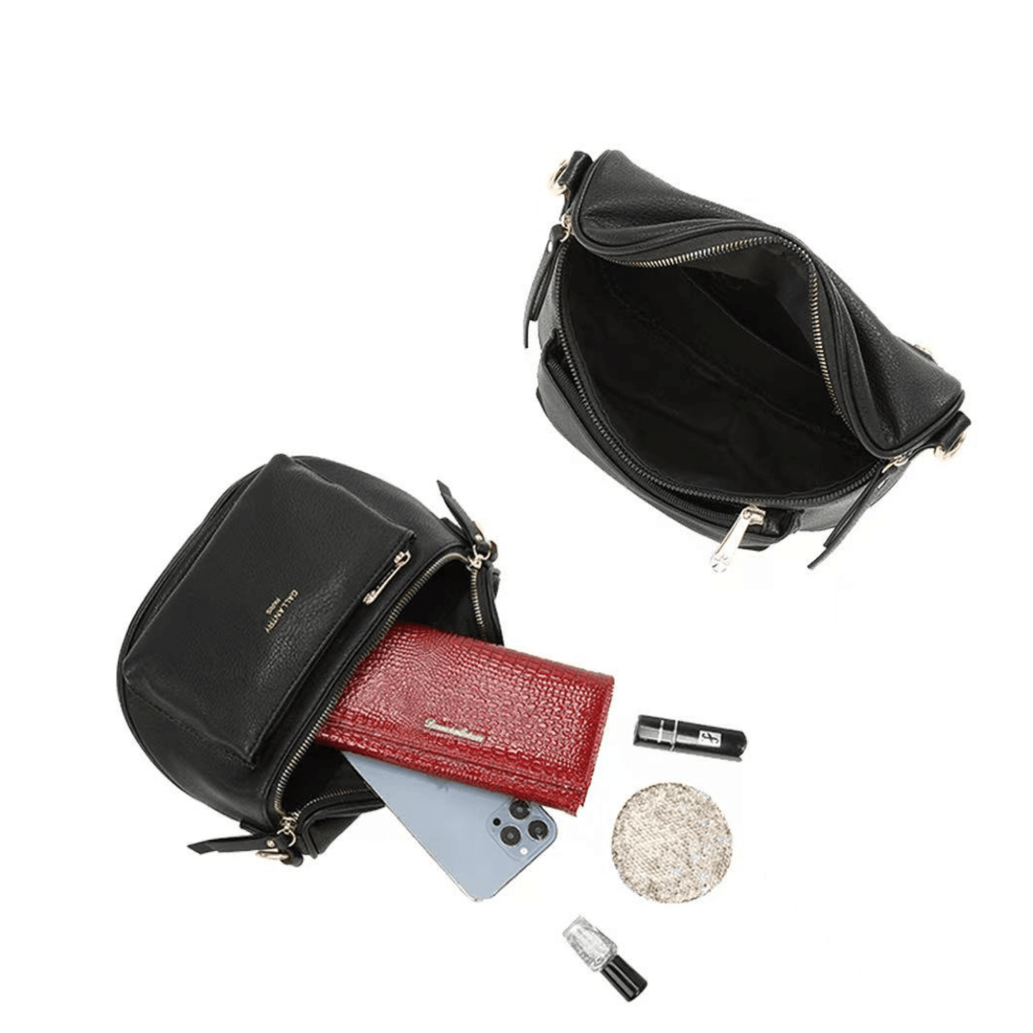 Intérieur spacieux du sac bandoulière Gallantry noir avec grande ouverture zippée.