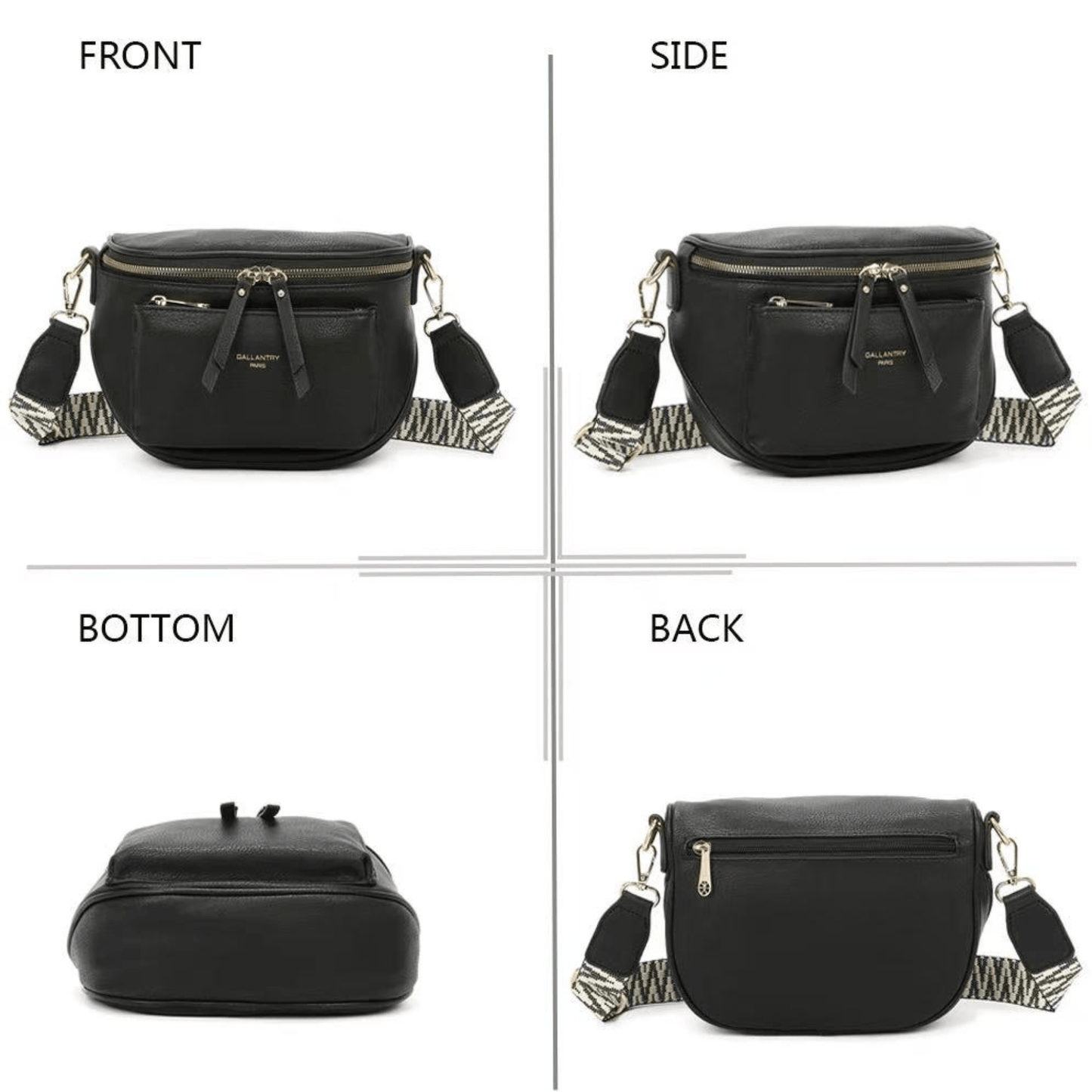 Différentes vues du sac bandoulière Gallantry noir montrant la face, le dos et les détails de finition.