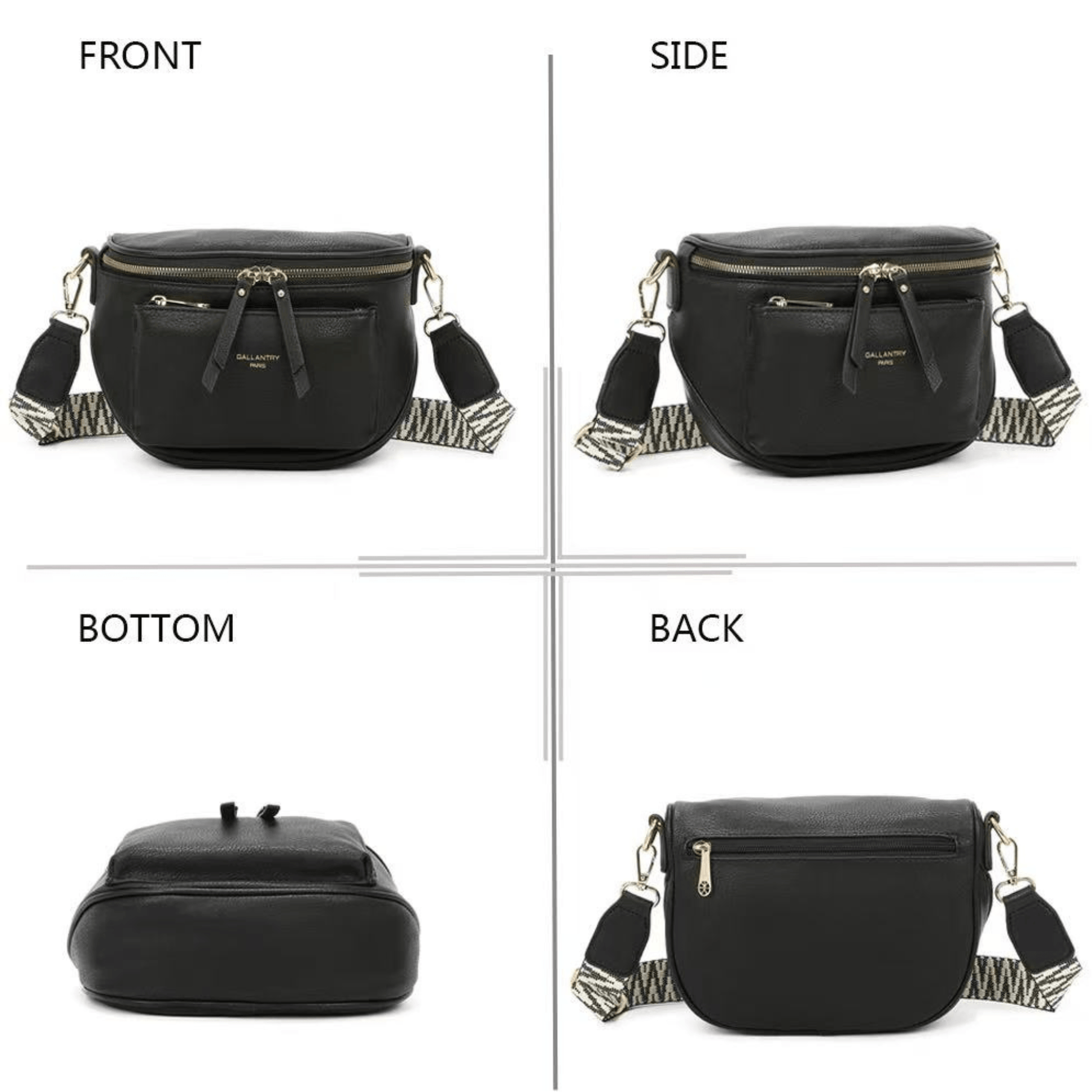 Différentes vues du sac bandoulière Gallantry noir montrant la face, le dos et les détails de finition.