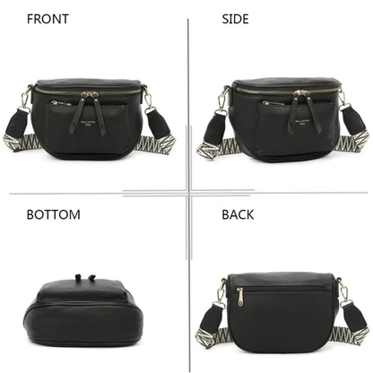 Différentes vues du sac bandoulière Gallantry noir montrant la face, le dos et les détails de finition.