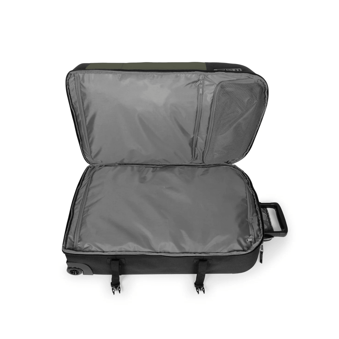 Intérieur de la valise Eastpak Transit'R Pro M avec grand compartiment de rangement et poche filet.