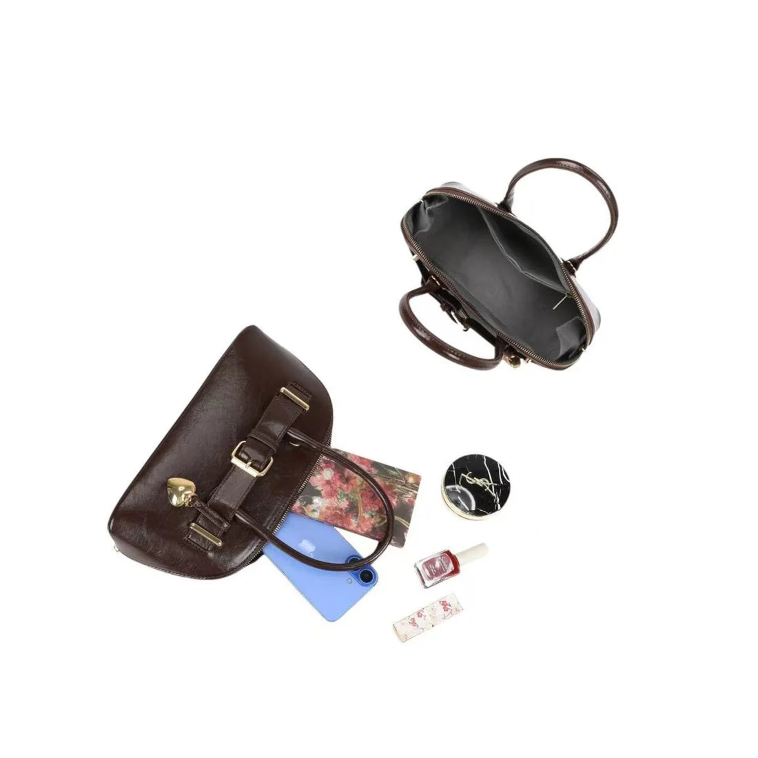 Sac à main femme marron Gallantry – Anses rigides, bijou cœur doré et bandoulière