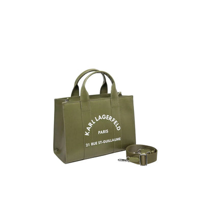 Sac cabas Karl Lagerfeld Paris vert kaki – vue 3/4 avec logo et bandoulière détachée
