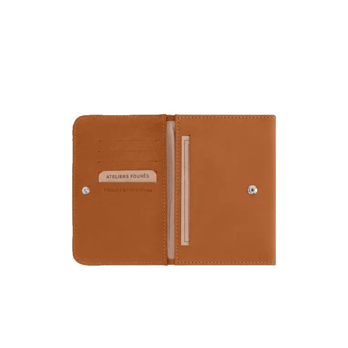 Intérieur du porte-papiers Hespérie cognac avec 5 emplacements cartes et compartiments transparents