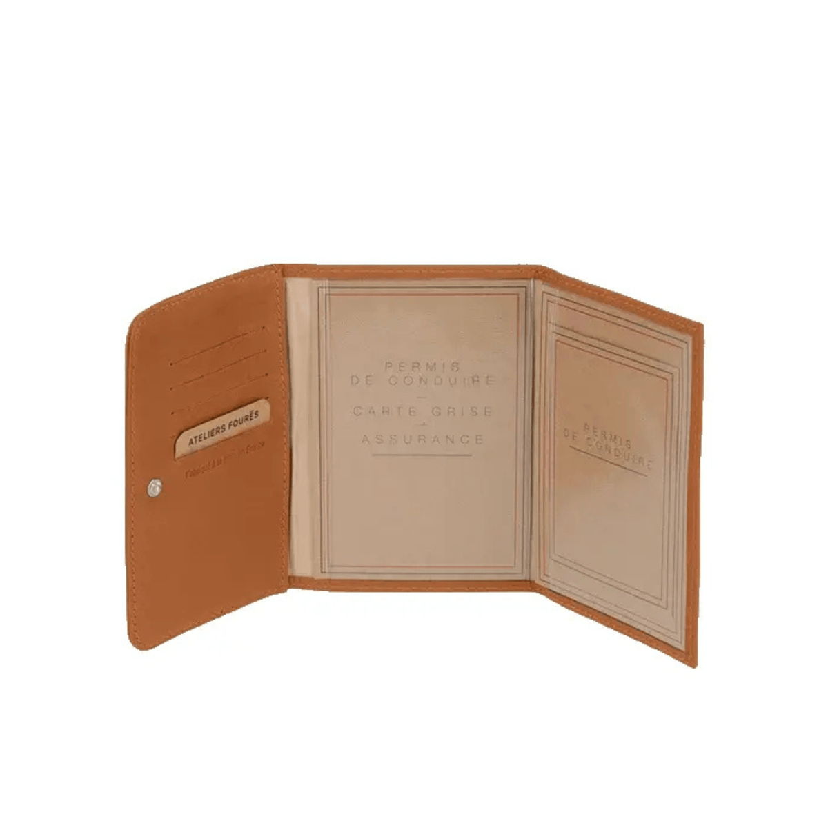Porte-papiers en cuir cognac Ateliers Fourès Hespérie ouvert avec pochettes pour documents