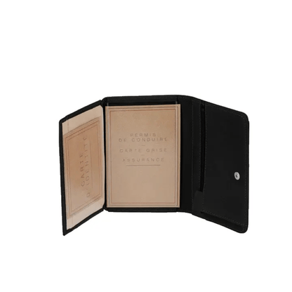 Vue intérieure en perspective du portefeuille Métis noir avec pochettes pour documents