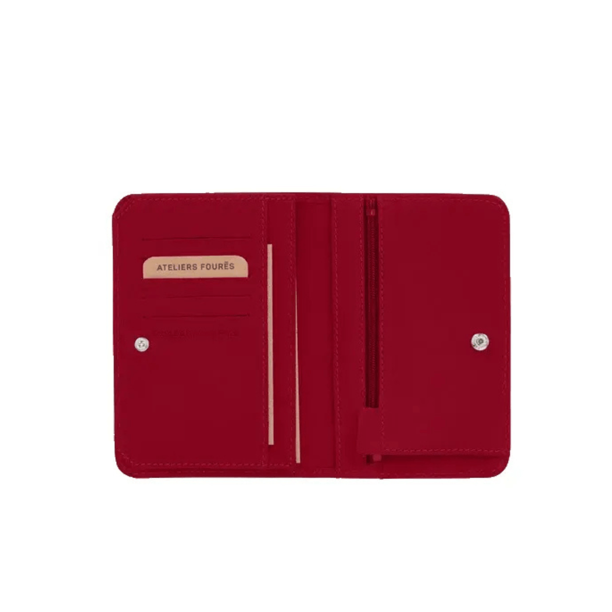 Intérieur du portefeuille Métis rouge Ateliers Fourès avec emplacements cartes, pochettes et compartiment zippé