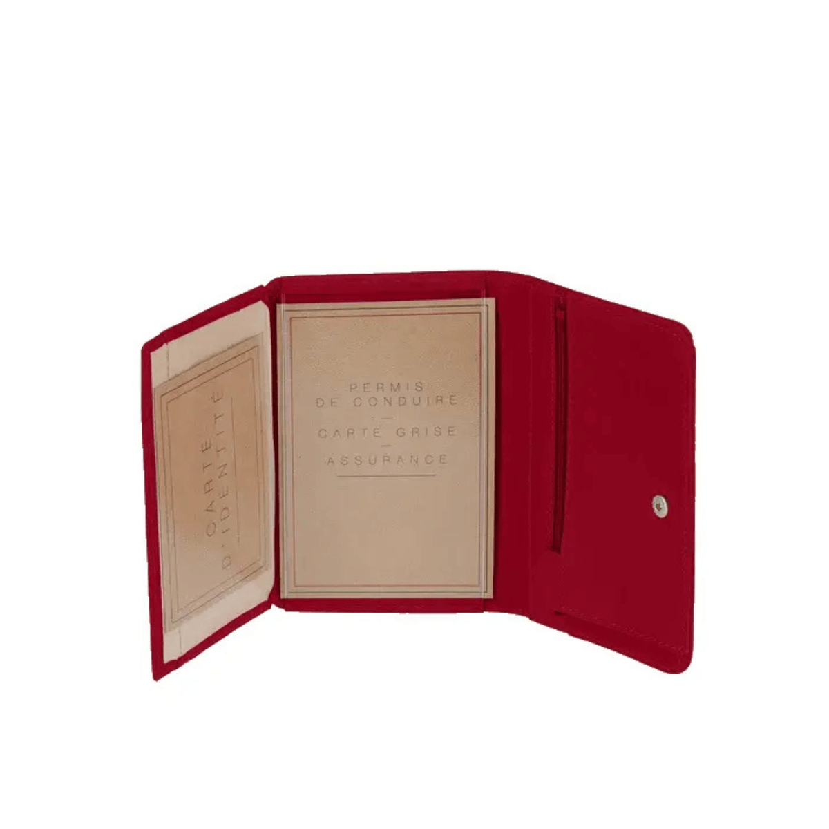 Portefeuille Métis rouge ouvert avec pochettes transparentes pour carte d'identité et documents