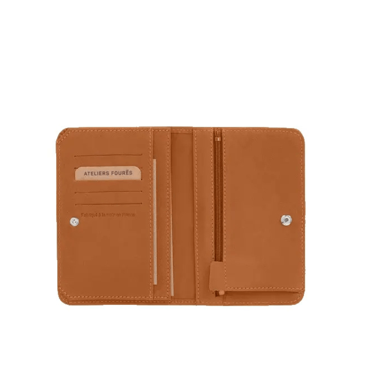 Intérieur du portefeuille Métis safran avec rangements pour cartes et poche zippée
