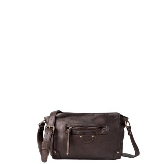 Sac bandoulière BIBA ALASKA AKA3L marron, vue de face avec poche avant zippée
