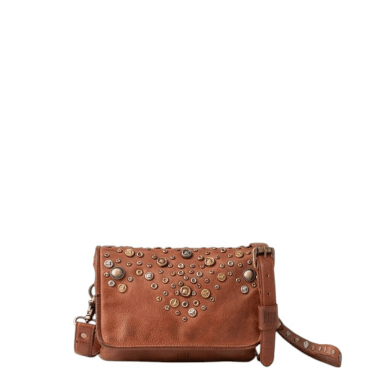 Sac bandoulière BIBA BUNN cognac, vue de face avec rabat orné de clous métalliques dorés et argentés