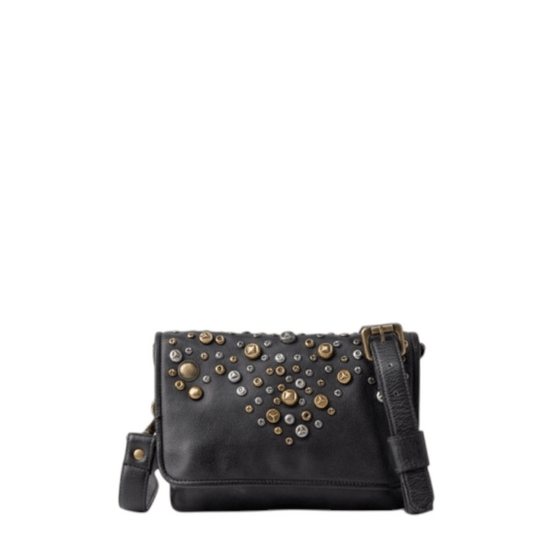 Sac bandoulière BIBA BUNN noir, vue de face avec rabat clouté et bandoulière