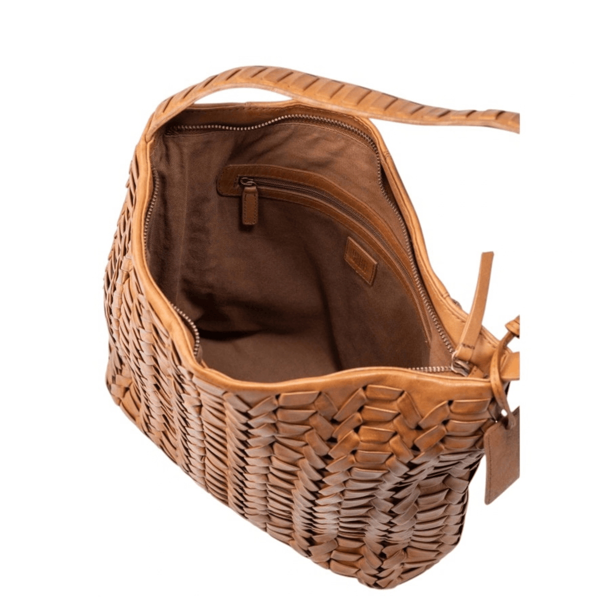 Intérieur du sac BIBA Elk cognac avec doublure en coton et poche zippée