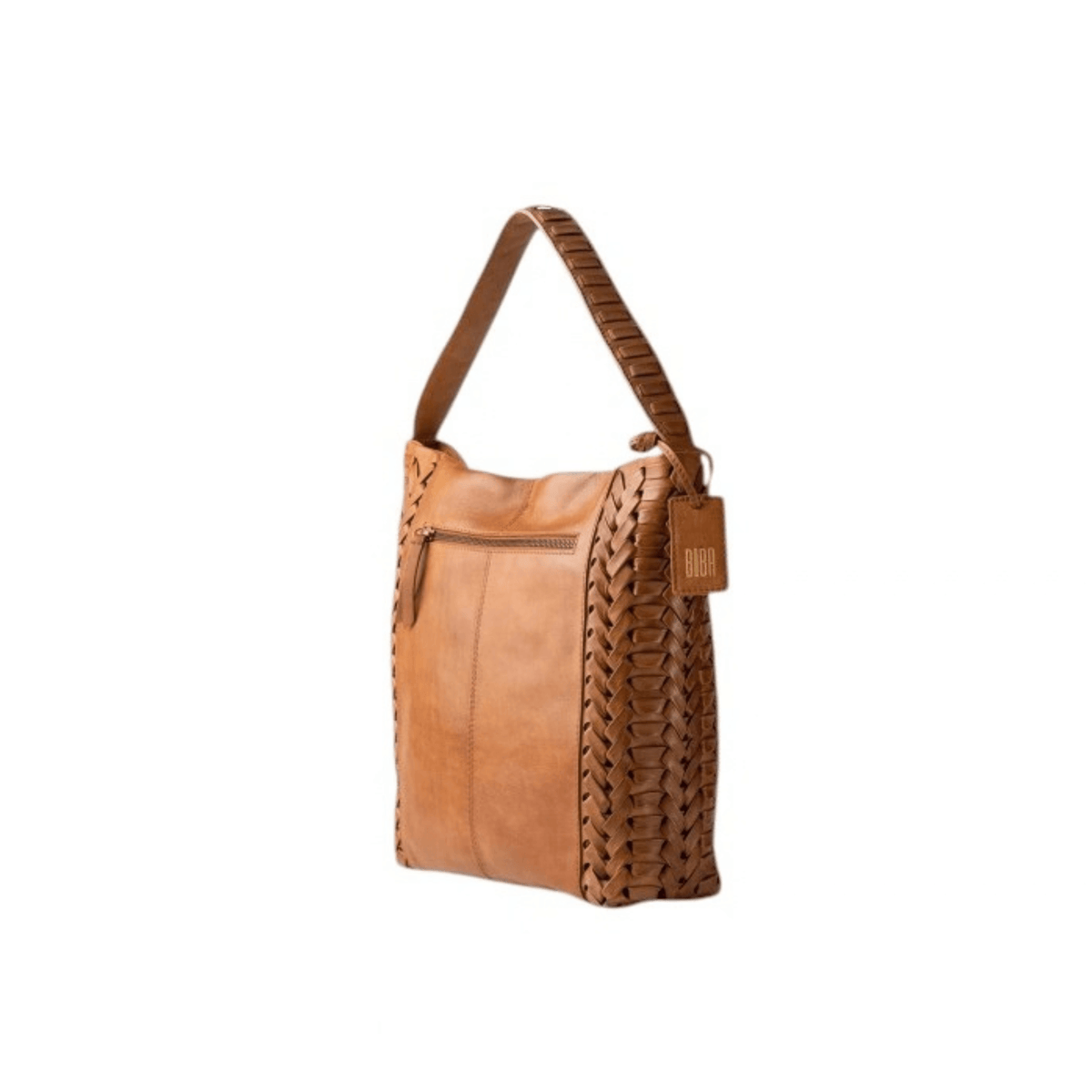 Vue de profil du sac BIBA Elk cognac montrant le tressage du cuir et son anse portée épaule