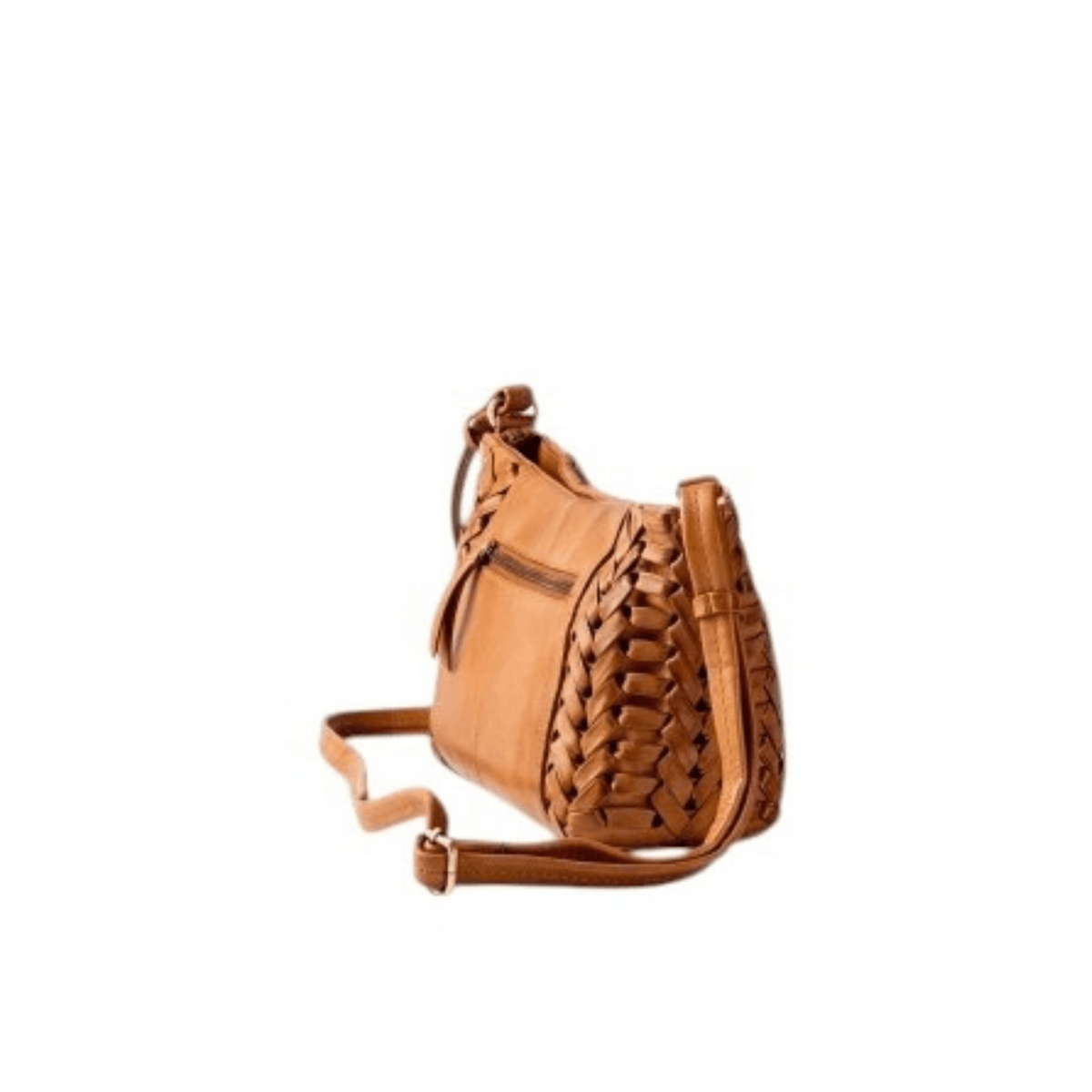 Vue de profil du sac BIBA Elk cognac montrant son cuir tressé et sa bandoulière