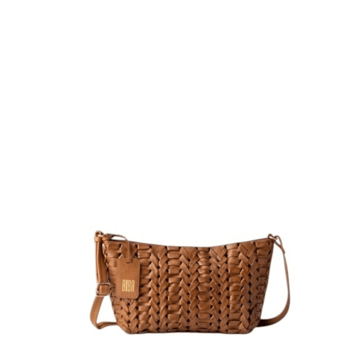 Sac bandoulière BIBA Elk cognac en cuir de vachette tressé, vue de face