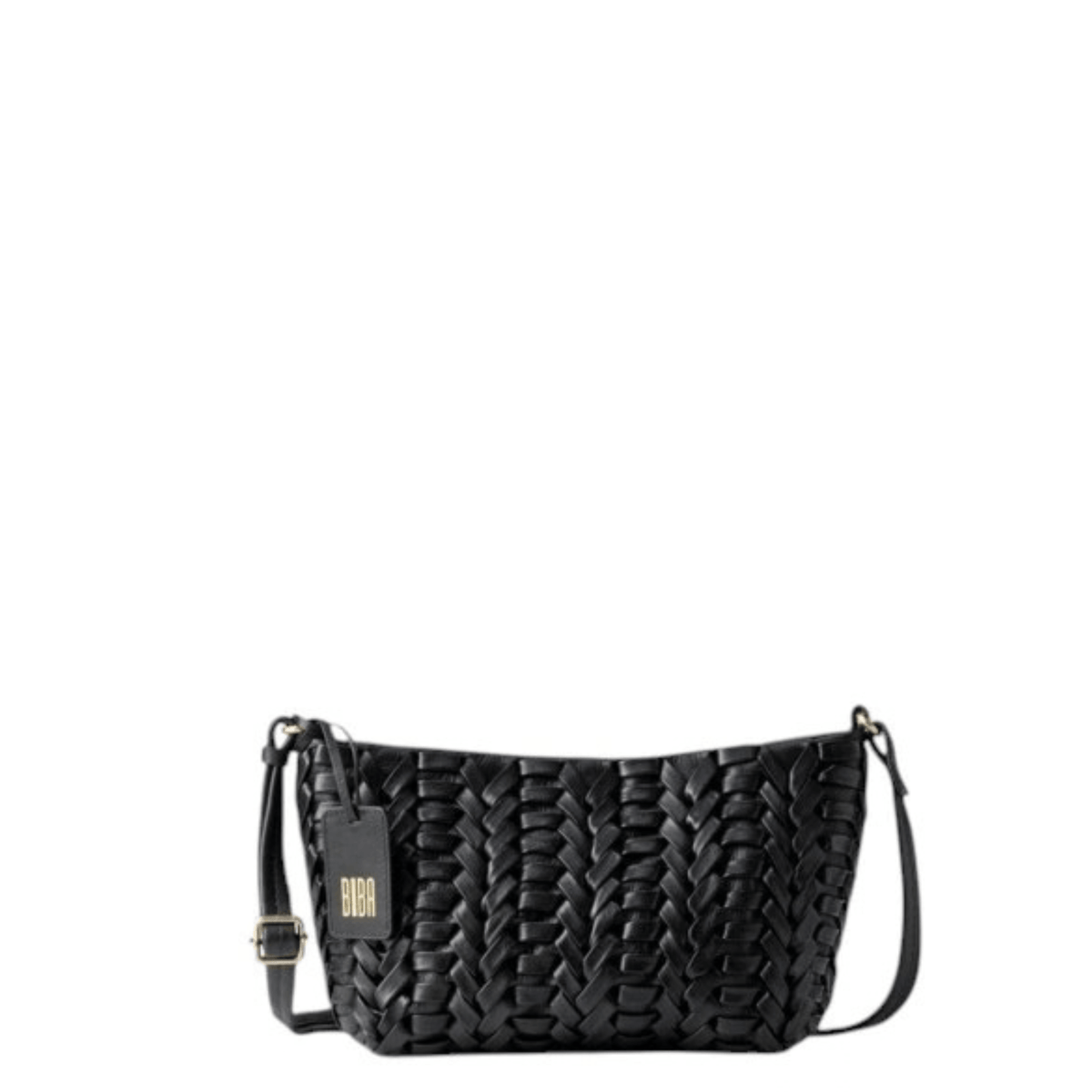 Sac bandoulière BIBA Elk noir en cuir de vachette tressé, vue de face avec bandoulière réglable