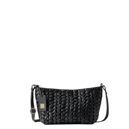 Sac bandoulière BIBA Elk noir en cuir de vachette tressé, vue de face avec bandoulière réglable