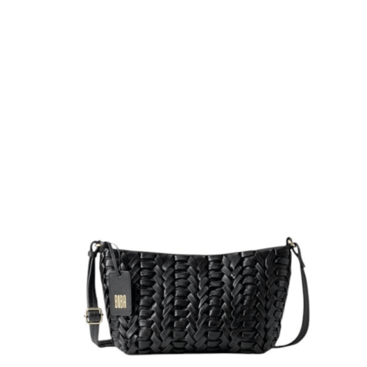 Sac bandoulière BIBA Elk noir en cuir de vachette tressé, vue de face avec bandoulière réglable