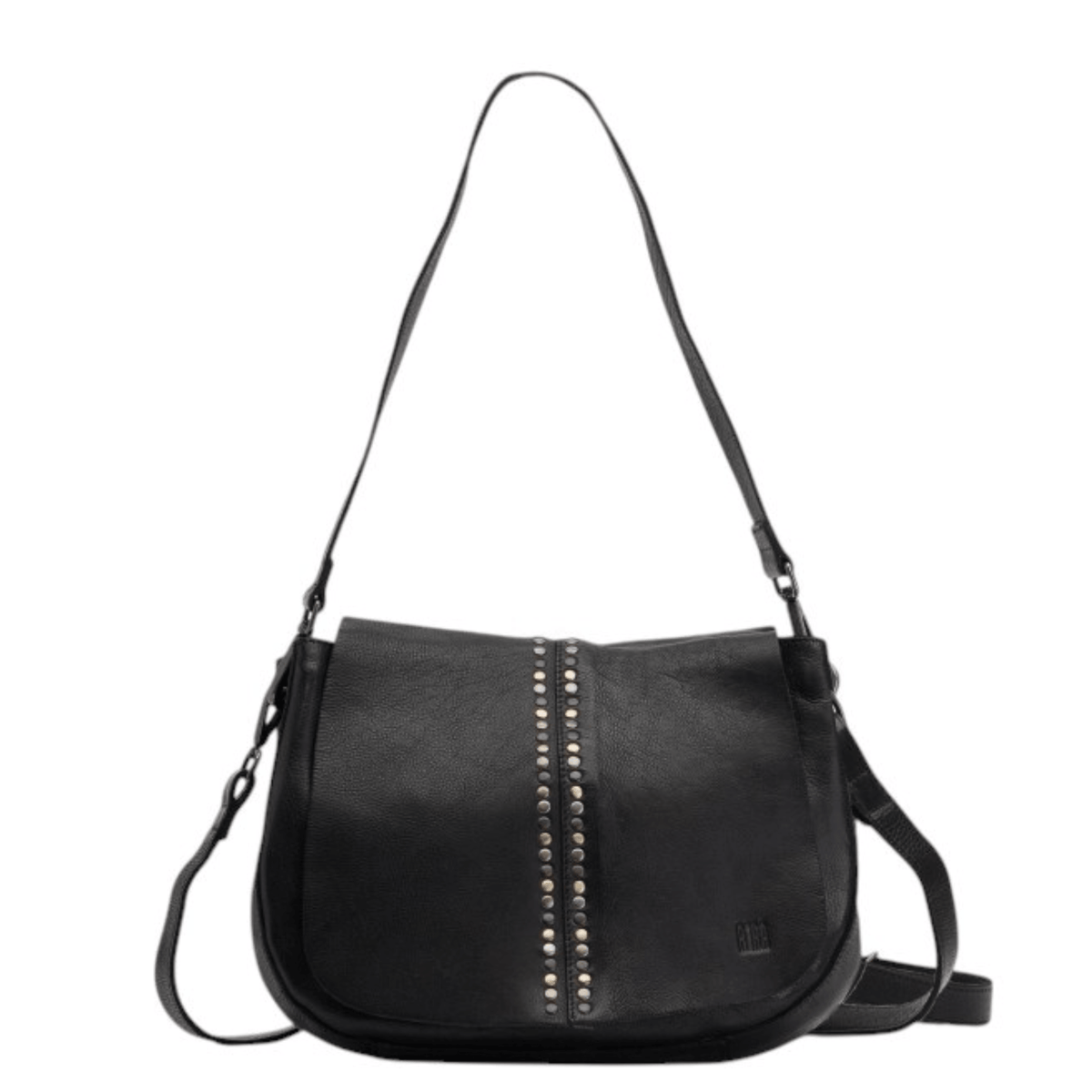 Sac BIBA HANCOCK HAK1L noir, vue de face avec rabat orné de deux rangées de clous métalliques