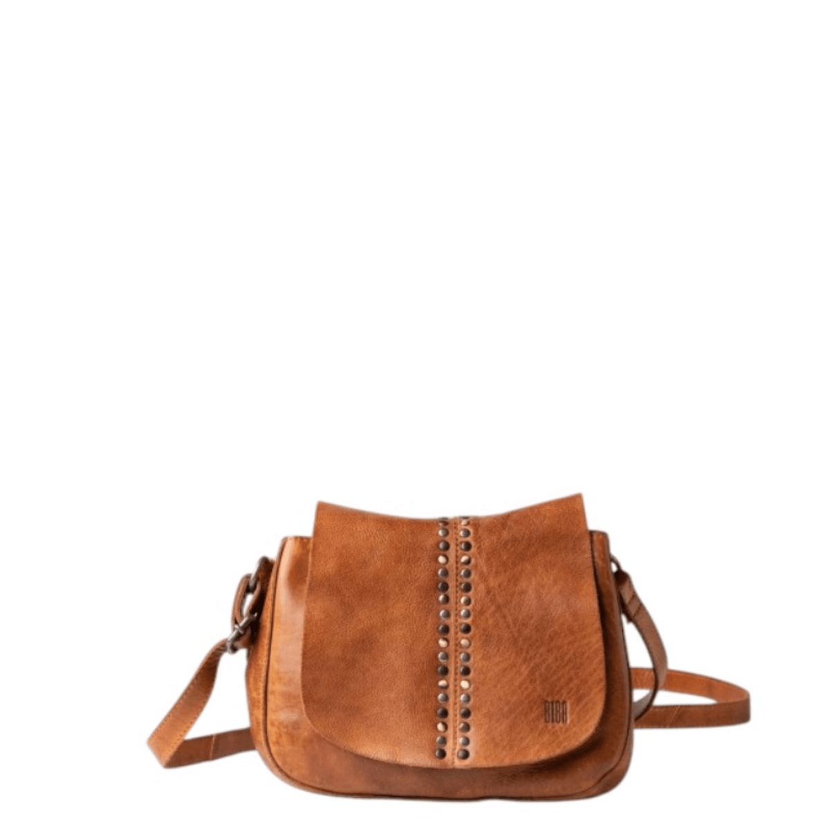Sac bandoulière BIBA HANCOCK HAK2L cognac avec rabat clouté, vue de face