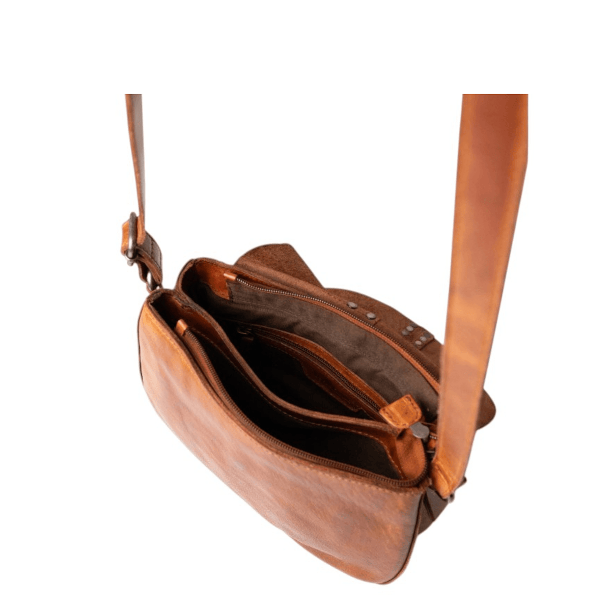 Intérieur du sac BIBA HANCOCK cognac avec ouverture zippée et rangements