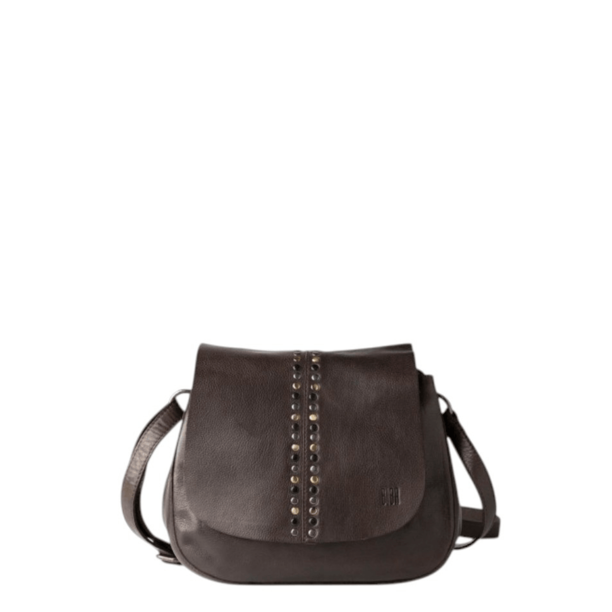 Sac bandoulière BIBA HANCOCK HAK2L marron avec rabat clouté, vue de face