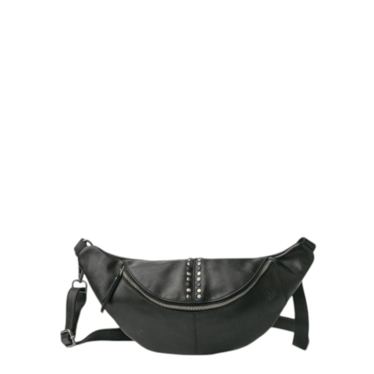 Sac banane BIBA HANCOCK HAK5L noir, vue de face avec clous métalliques et fermeture zippée