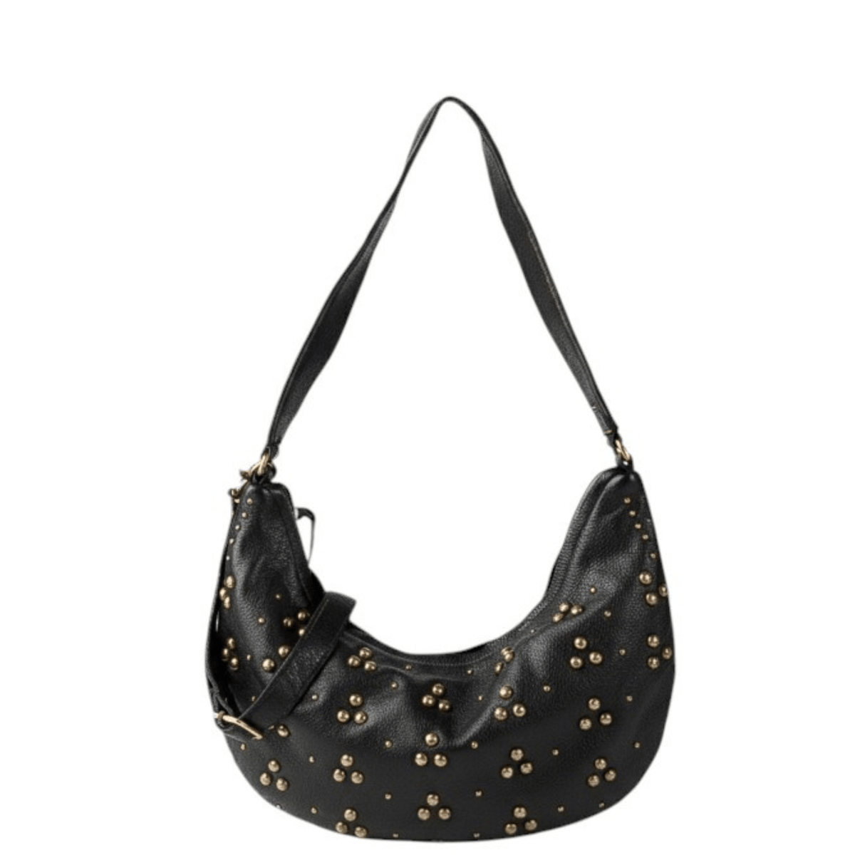 Sac hobo BIBA HILL HIL1L noir, vue de face avec clous métalliques dorés et bandoulière