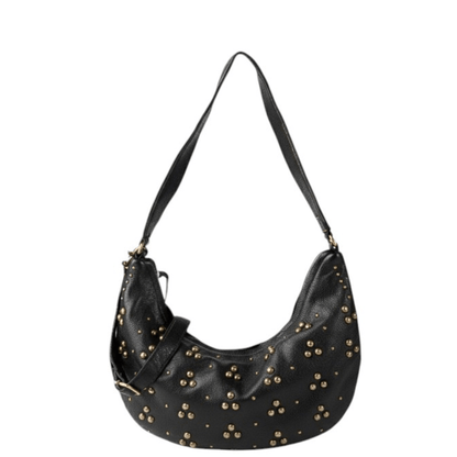 Sac hobo BIBA HILL HIL1L noir, vue de face avec clous métalliques dorés et bandoulière